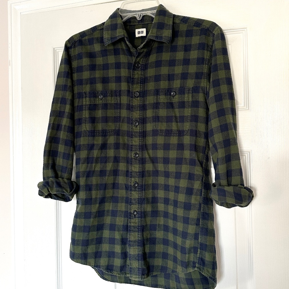 Men's Uniqlo Flannel Button Down Shirt Green & Navy Size XS